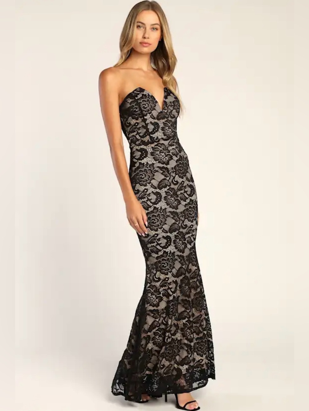 NWT Lulus Strapless Black Lace Mermaid Trumpet Evening Gown